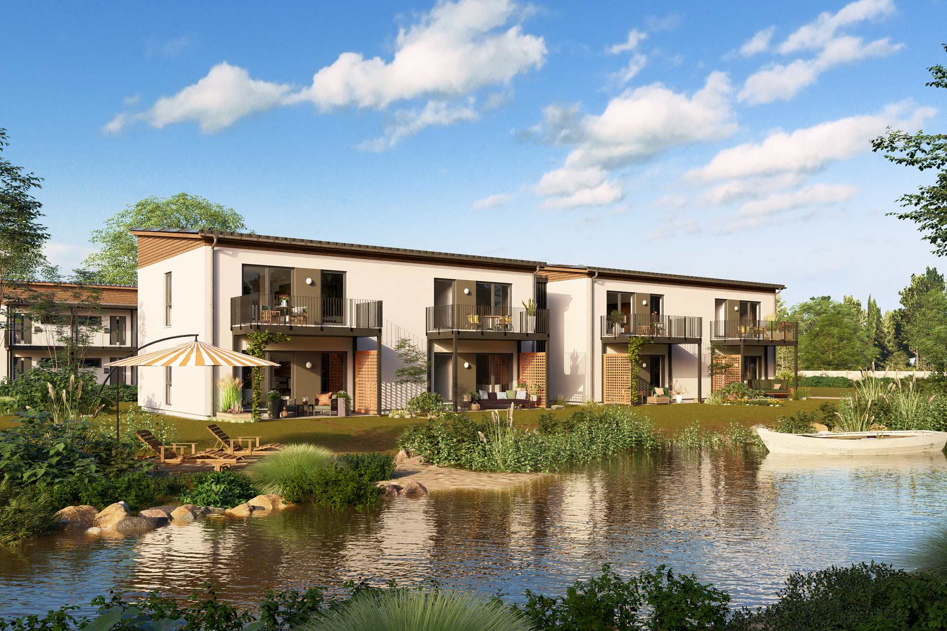 FingerHaus URBIS 800 mit modernem Pultdach, großzügigen Balkonen und direktem Blick auf einen Naturteich.
