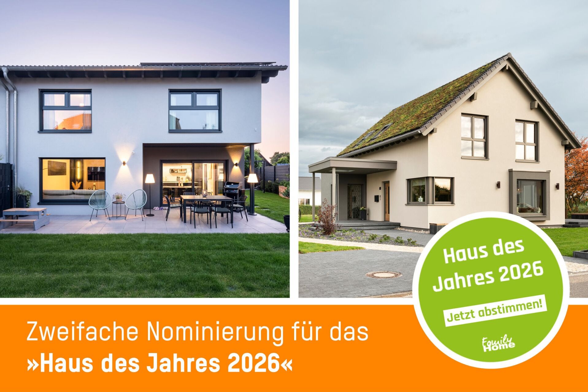 Kampagnenmotiv von FingerHaus zur zweifachen Nominierung für das »Haus des Jahres 2026« mit zwei modernen Finger-Häusern im Vergleich.