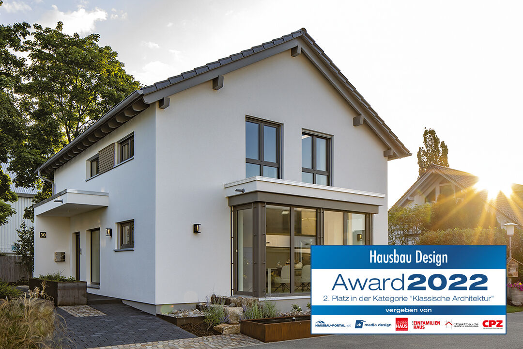 Das FingerHaus-Musterhaus MEDLEY in Mannheim, Gewinner des Hausbau Design Award 2022 mit dem 2. Platz in der Kategorie „Klassische Architektur“.